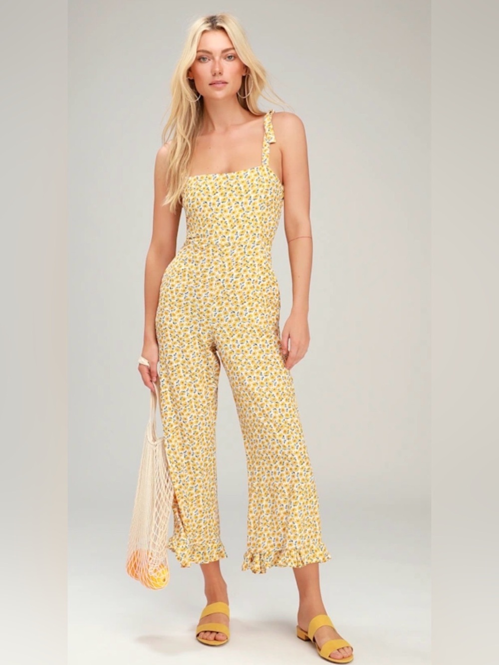 Faithfull the Brand  Frankie Yellow Floral Print Tie-Strap Jumpsuit,‎ Size 6